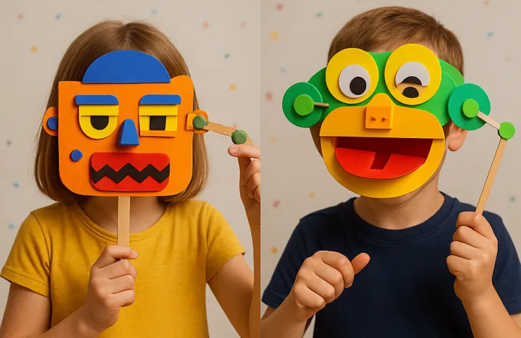 Dos niños sujetando unas máscaras